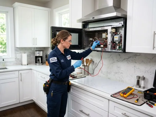 Appliance Repair Hero technician testing an over-the-range microwave in a Aberdeen, MD kitchen