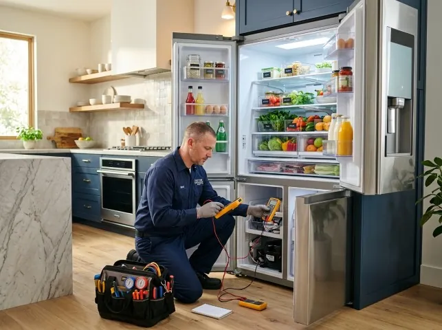 A technician checking a French-door refrigerator's cooling system on a home call